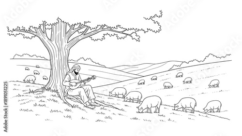 Peaceful shepherd playing music under a tree in a pastoral landscape