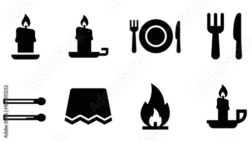 Candlelight dinner icons: silhouette candle, fire, cutlery, dishes, and matches