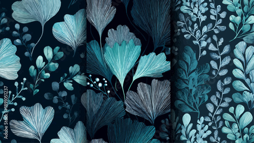 A collection of various teal and blue leaves and foliage in different patterns and designs on a dark background from a close-up viewpoint.