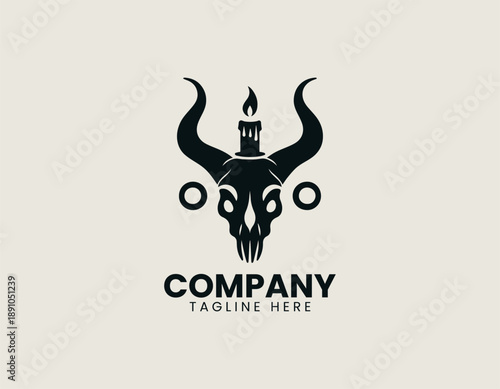Black vector line art illustration of a ram or goat skull with large horns and candle flame