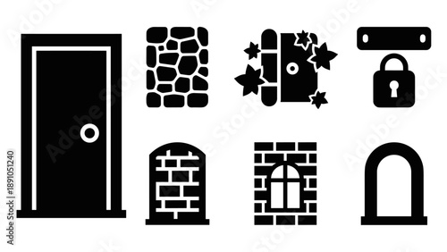 Silhouette door and window icon set: modern minimalist design elements
