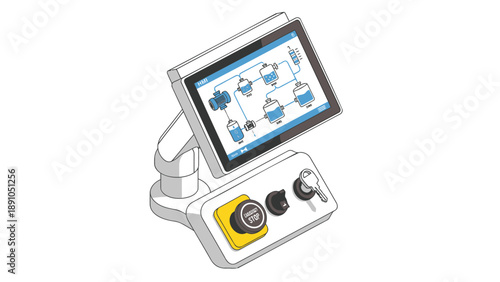 Industrial control panel with touchscreen display and buttons on a white background