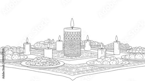 Elegant candlelit feast with traditional patterns and dishes for celebratory dining