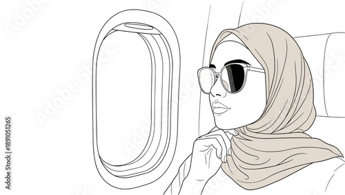 Woman in hijab with sunglasses looking out airplane window in linear style