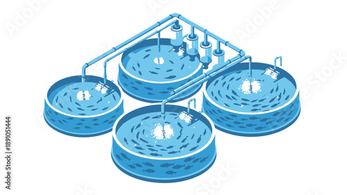 Illustration of a blue wastewater treatment system with four circular tanks and pipes