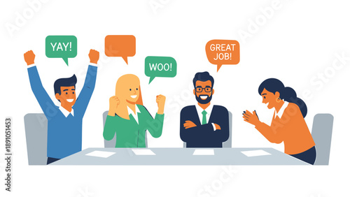 Diverse team celebrating success with speech bubbles expressing excitement and approval in a meeting