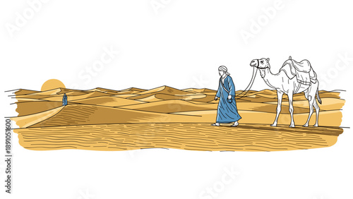 Desert journey: nomadic life with camel in artistic line drawing style