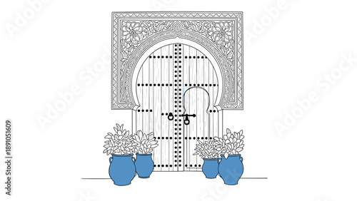 Traditional moroccan door with blue pots and intricate arch design