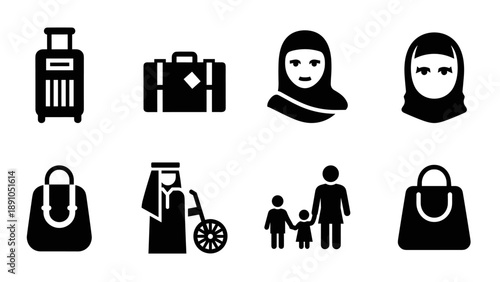 Travel and diversity icons: luggage, bags, family, and cultural representation in black silhouette style