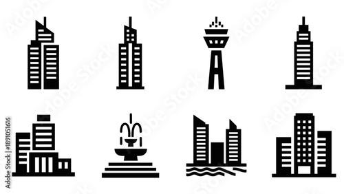 Urban skyline silhouettes: iconic city buildings and structures