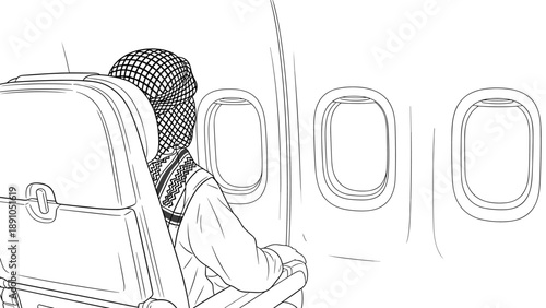 Traveler in traditional attire seated on airplane near window in line art style