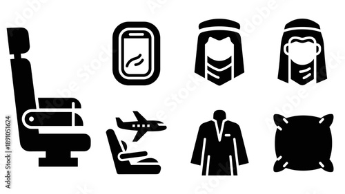 Travel icons set: airplane, seat, window, traditional attire, pillow silhouettes