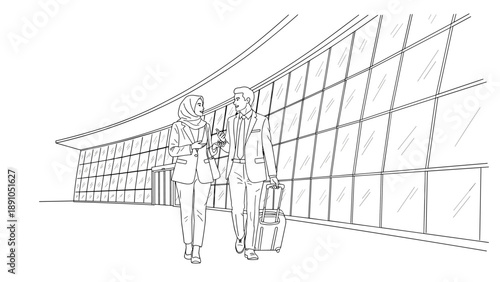 Business professionals walking at airport terminal line art illustration