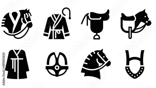 Equestrian silhouettes: horse and riding gear icons set