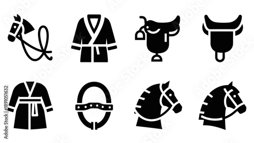 Equestrian icons collection: horse, saddle, bridle, western, martial arts, cow, silhouette set