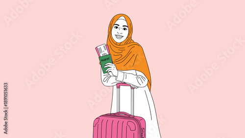 Smiling woman in hijab holding passport and luggage in minimalist fashion