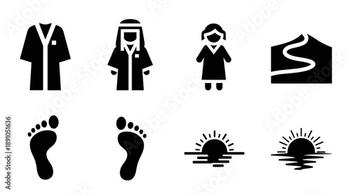 Minimalist arabian culture icons set: traditional attire, desert, sunset