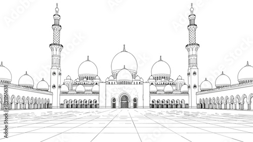 Intricate linear mosque design with majestic domes and minarets on reflective courtyard