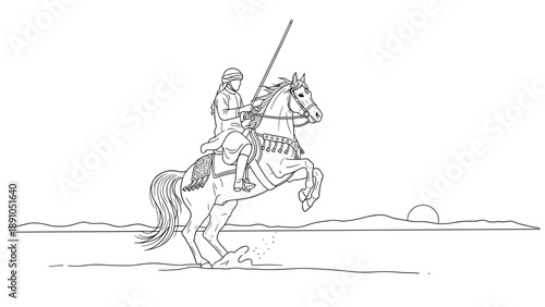 Horse rider in traditional dress holding spear in desert landscape with sunrise outline art