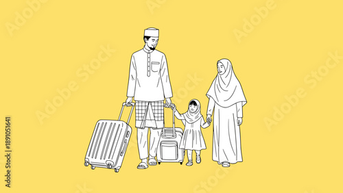 Family journey: muslim parents and child traveling with luggage on yellow background