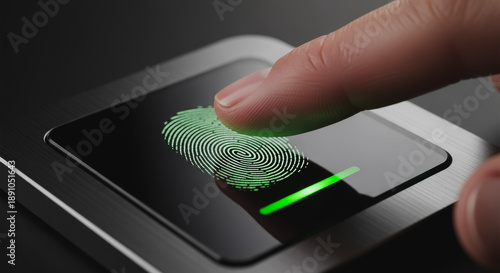 Close-up of a human finger scanning a biometric security device, showing digital green fingerprint data on the reader screen for secure identity verification and access control