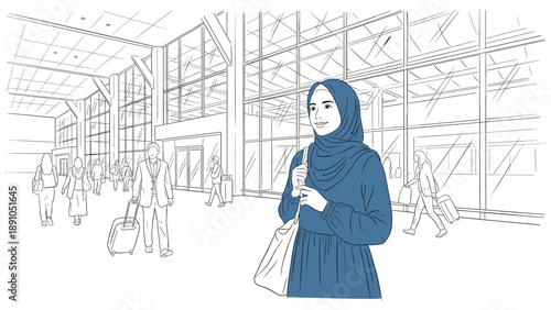 Linear art of travelers at modern airport terminal with glass facade