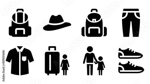 Essential travel icons: modern black silhouettes for urban explorers