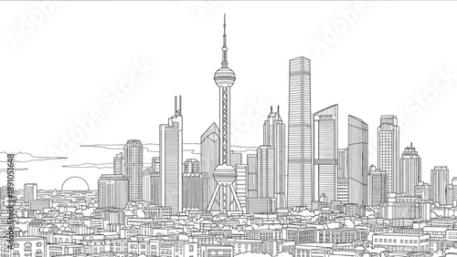 Shanghai skyline in detailed linear style featuring iconic skyscrapers and urban landscape at sunset