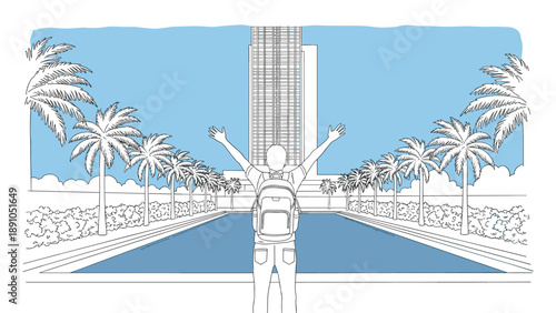 Excited traveler in front of modern cityscape with palm trees and reflective pool