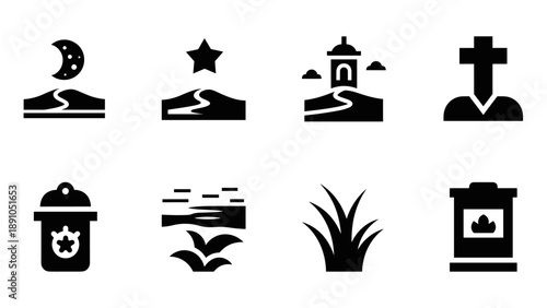 Silhouette icons: night, desert, monument, grave, trash, sunset, grass, memorial