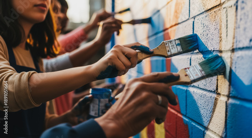 Close-up of diverse people painting a colorful mural on a brick wall, focusing on hands holding brushes with blue paint, representing teamwork, creativity, and community art projects.