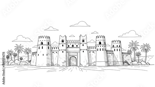 Historic fort with palms and scenic view in black and white sketch