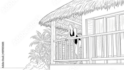 Woman on tropical balcony enjoying scenic ocean view in black and white line art