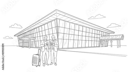 Business travelers at modern terminal in linear style
