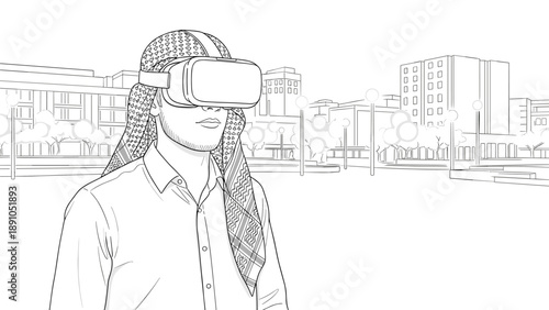 Person in traditional attire experiencing virtual world in futuristic cityscape