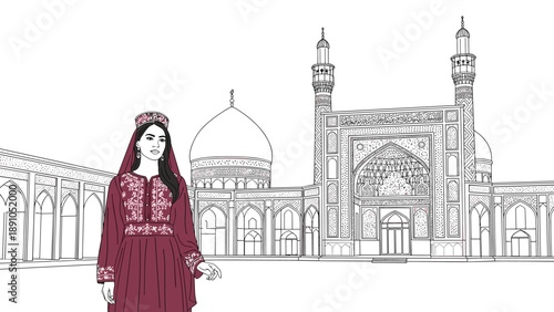 Woman in traditional attire with mosque background in detailed line art style