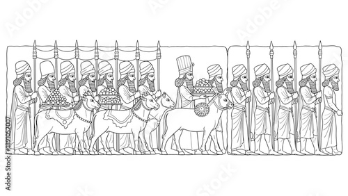 Ancient procession: persian empire figures and animals in linear art style