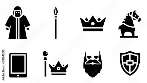 Medieval icons set: crown, knight, sword, shield, chess, and more in bold black silhouette style