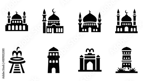 Islamic architecture icons: mosque and minaret silhouettes in black and white
