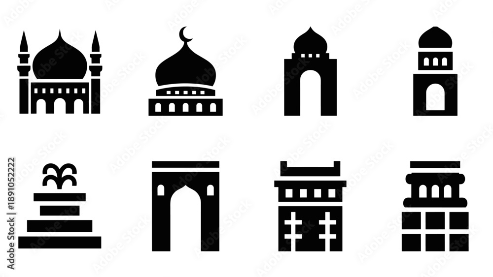 Fototapeta premium Icon set featuring minimalist islamic architecture elements