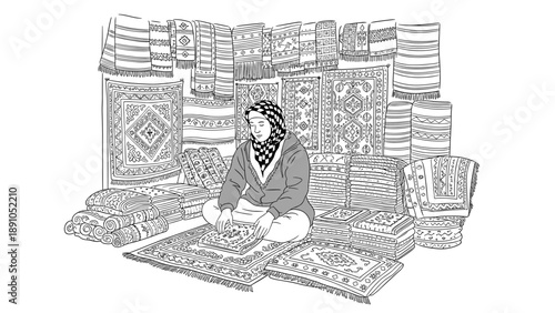 Artisan crafting traditional rugs in detailed line art style