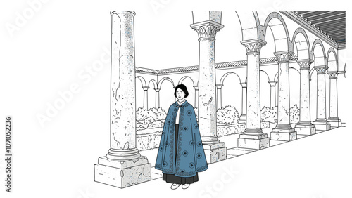 Elegant woman in historical robe strolling through ancient archway with columns