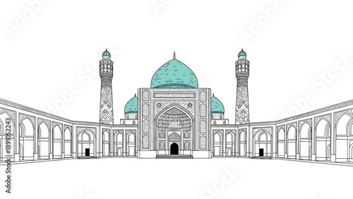 Grand mosque architecture with blue domes in minimalistic linear style
