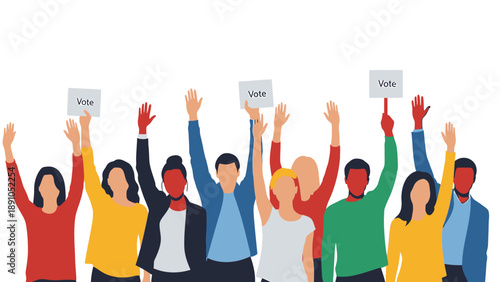 Diverse group of people raising hands with vote signs promoting democracy and civic engagement in a colorful illustration