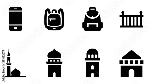 Minimalist silhouette icons of backpacks, smartphones, and architectural structures