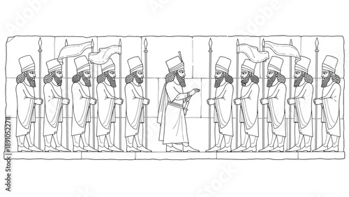Ancient persian relief depicting historic soldiers in detailed line art