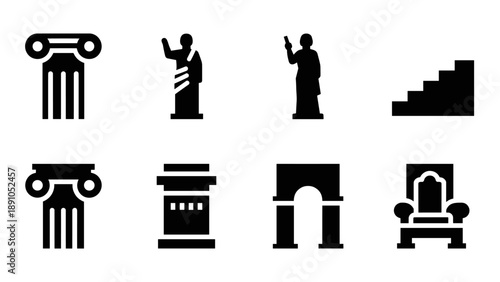 Classic architectural icons: ancient columns, statues, and structures silhouette collection