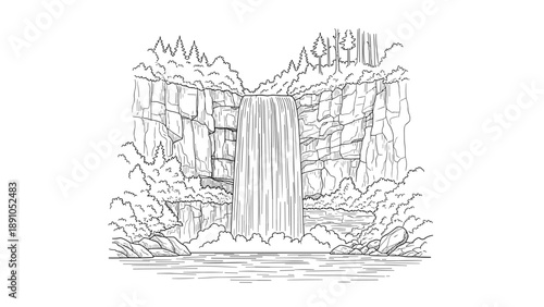 Linear waterfall scene with cliffs and pines in black and white art