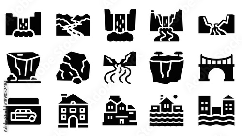 Set of editable solid style infrastructure disaster icons: bridge, dam, landslide, flood