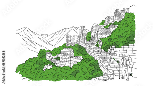 Explorers hiking ancient ruins along mountain trail in minimalist line art style